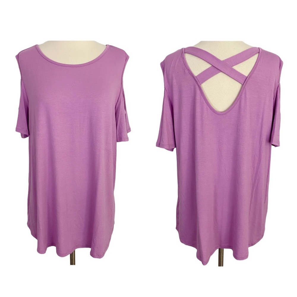 VIAMOR Boutique Plus Lilac Open Shoulder Cross Back Short Sleeve Top Women’s 2X